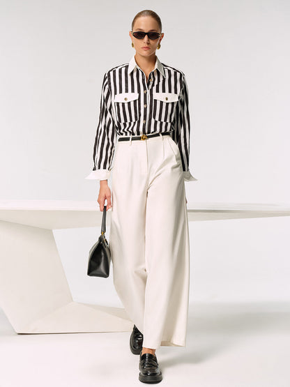 Pamuk Karışımlı Çizgili Metal Düğmeli Gömlek