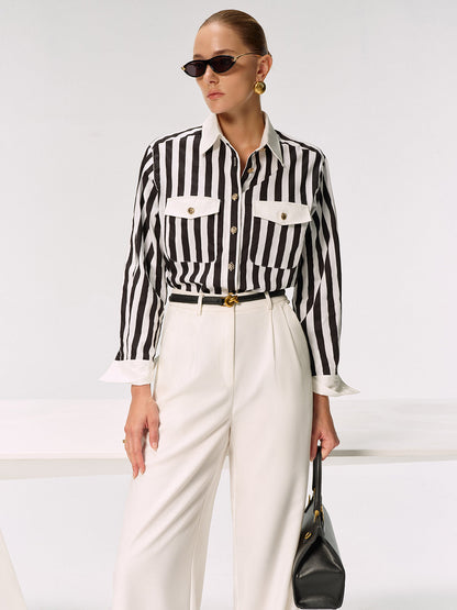 Pamuk Karışımlı Çizgili Metal Düğmeli Gömlek