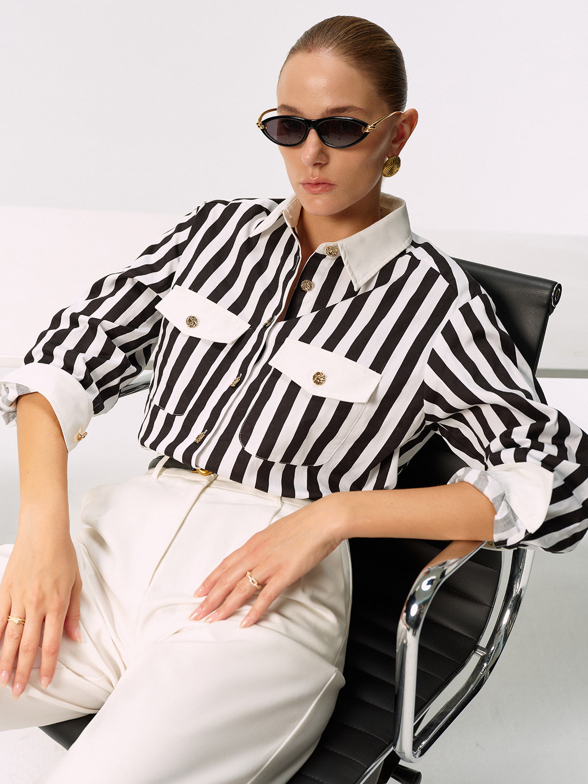 Pamuk Karışımlı Çizgili Metal Düğmeli Gömlek