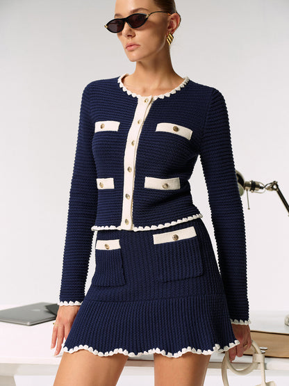 Kontrast Taraklı Kenarlı Metal Düğmeli Hırka