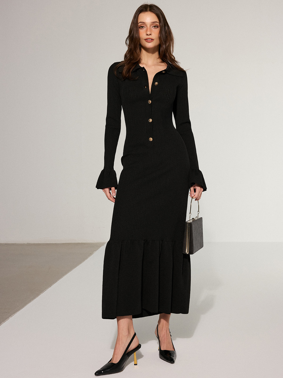 Denizkızı Etek Yaka Örgü Uzun Elbise