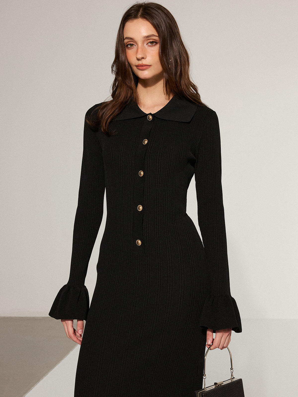 Denizkızı Etek Yaka Örgü Uzun Elbise