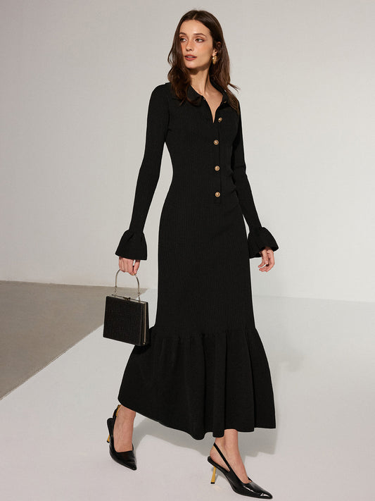 Denizkızı Etek Yaka Örgü Uzun Elbise