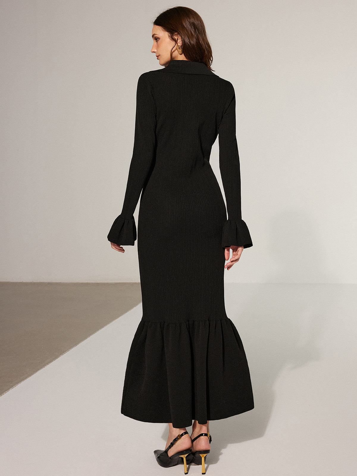 Denizkızı Etek Yaka Örgü Uzun Elbise