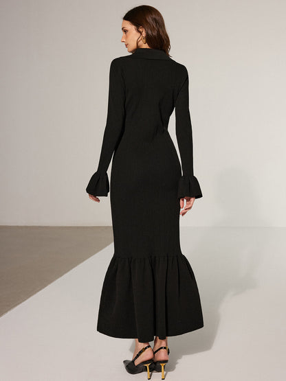 Denizkızı Etek Yaka Örgü Uzun Elbise