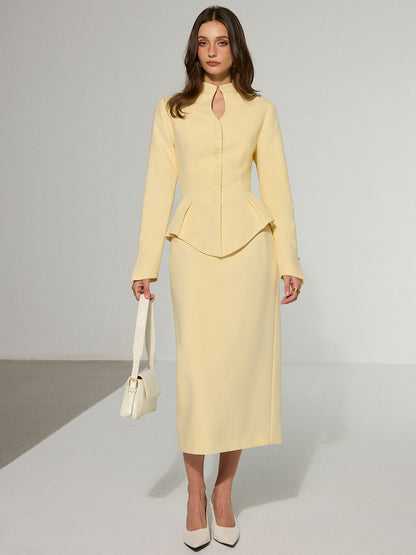 Anahtar Deliği Yakalı Önü Düğmeli Peplum Blazer