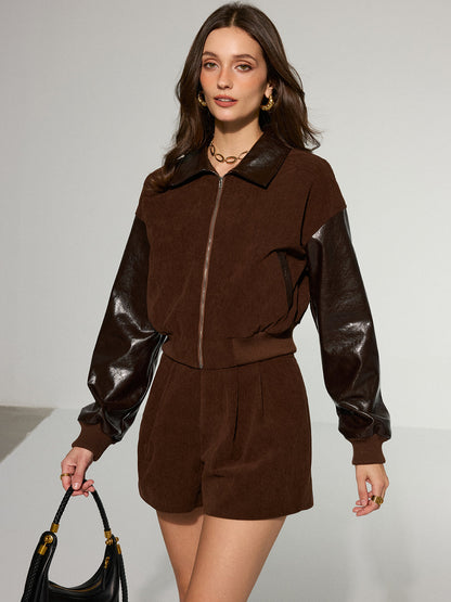 Suni Deri Panelli Kadife Fermuarlı Ceket