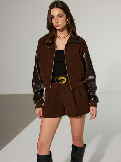 Suni Deri Panelli Kadife Fermuarlı Ceket