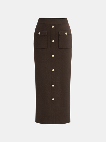 Yün Karışımlı Metal Düğmeli Yelek ve Etek Takımı