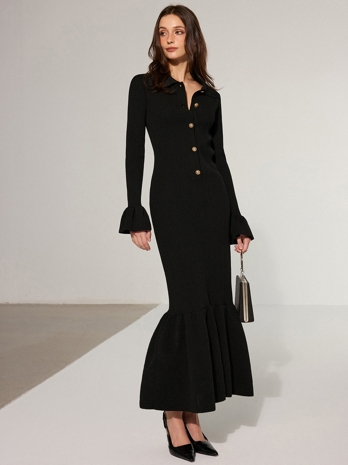 Denizkızı Etek Yaka Örgü Uzun Elbise