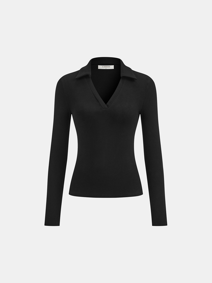 Polo V Yakalı Ribana Pamuk Karışımlı Tişört