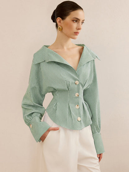 Beli Sıkılaştıran Tasarımlı Çizgili Yakalı Gömlek