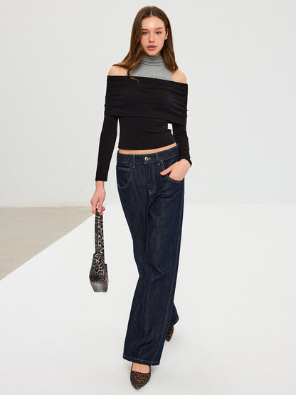 2'si 1 Arada Kontrast Panelli Uzun Kollu Yakalı Tişört