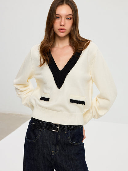 Kontrast V Yaka Örgü Üst