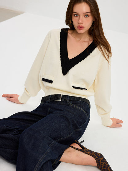 Kontrast V Yaka Örgü Üst