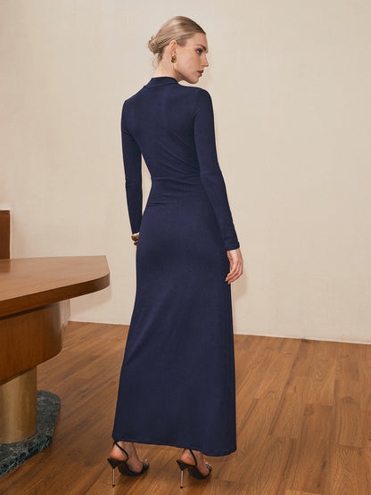 Balıkçı Yakalı Büzgülü Yırtmaçlı Uzun Elbise