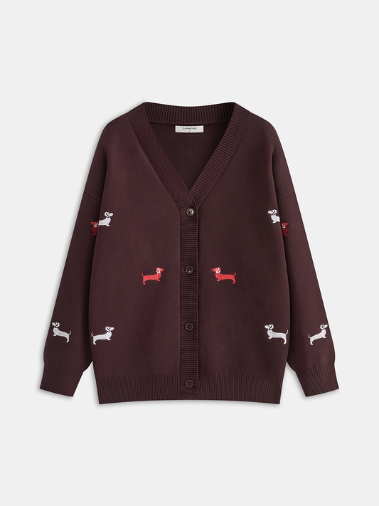 Köpek İşlemeli V Yaka Hırka