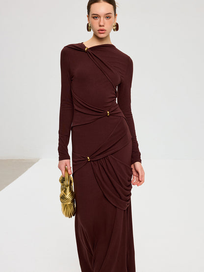 Metal Detaylı Uzun Kollu Drapeli Maksi Elbise