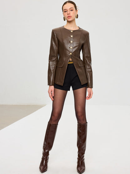 Metal Düğmeli PU Deri Ceket