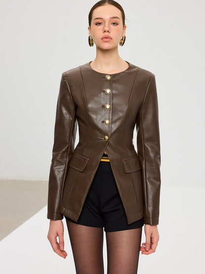Metal Düğmeli PU Deri Ceket