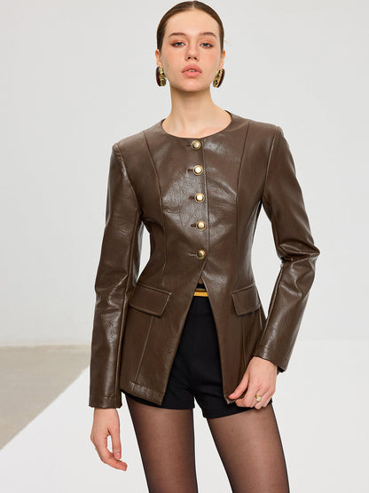 Metal Düğmeli PU Deri Ceket