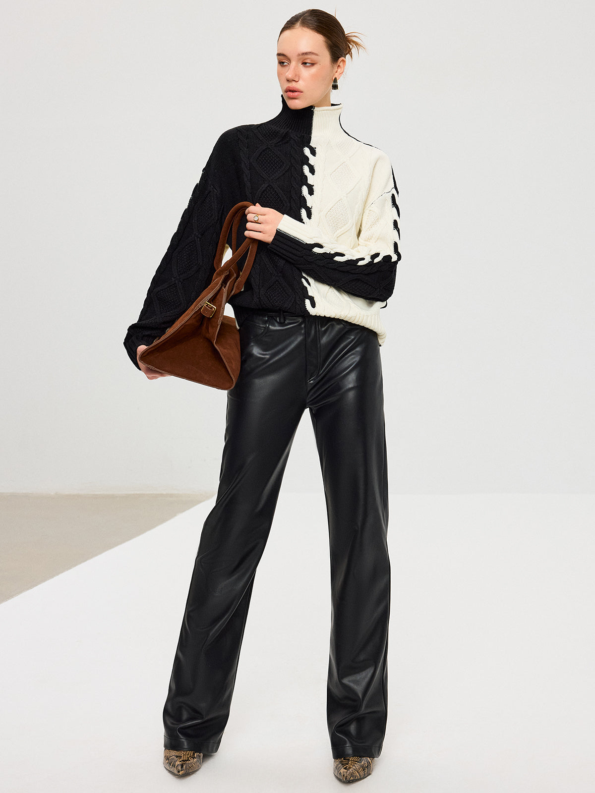 Renk Bloklu Kablo Örgü Balıkçı Yaka Kazak