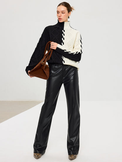 Renk Bloklu Kablo Örgü Balıkçı Yaka Kazak