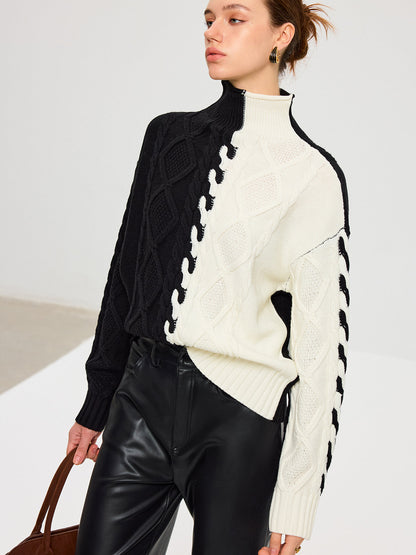 Renk Bloklu Kablo Örgü Balıkçı Yaka Kazak