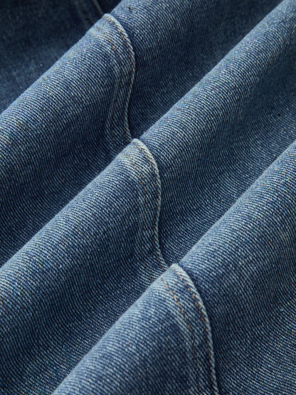 Kot Panelli Çizgili Bağcıklı Midi Etek