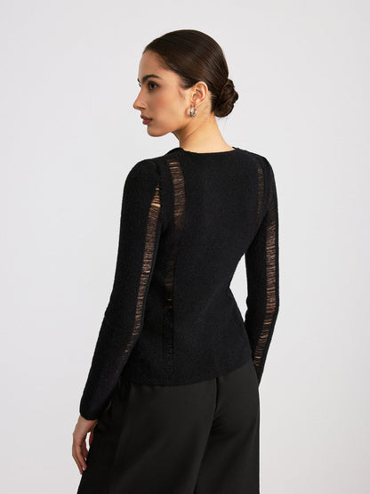 Şeffaf Panel Düğmeli Ön Yaka Bluz