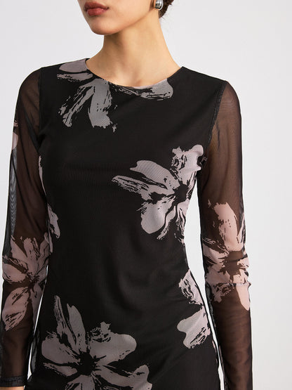 Çiçek Desenli Uzun Kollu Maksi Elbise