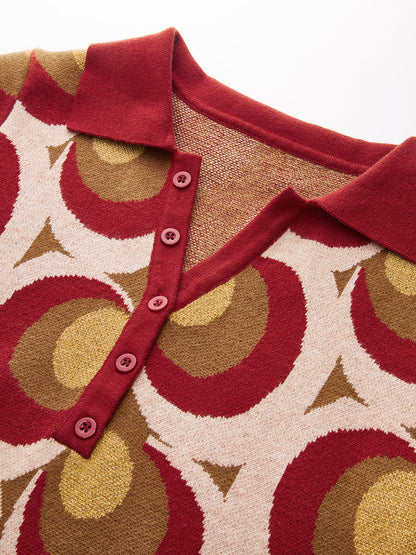 Vintage Baskılı Polo Yaka Kazak Elbise