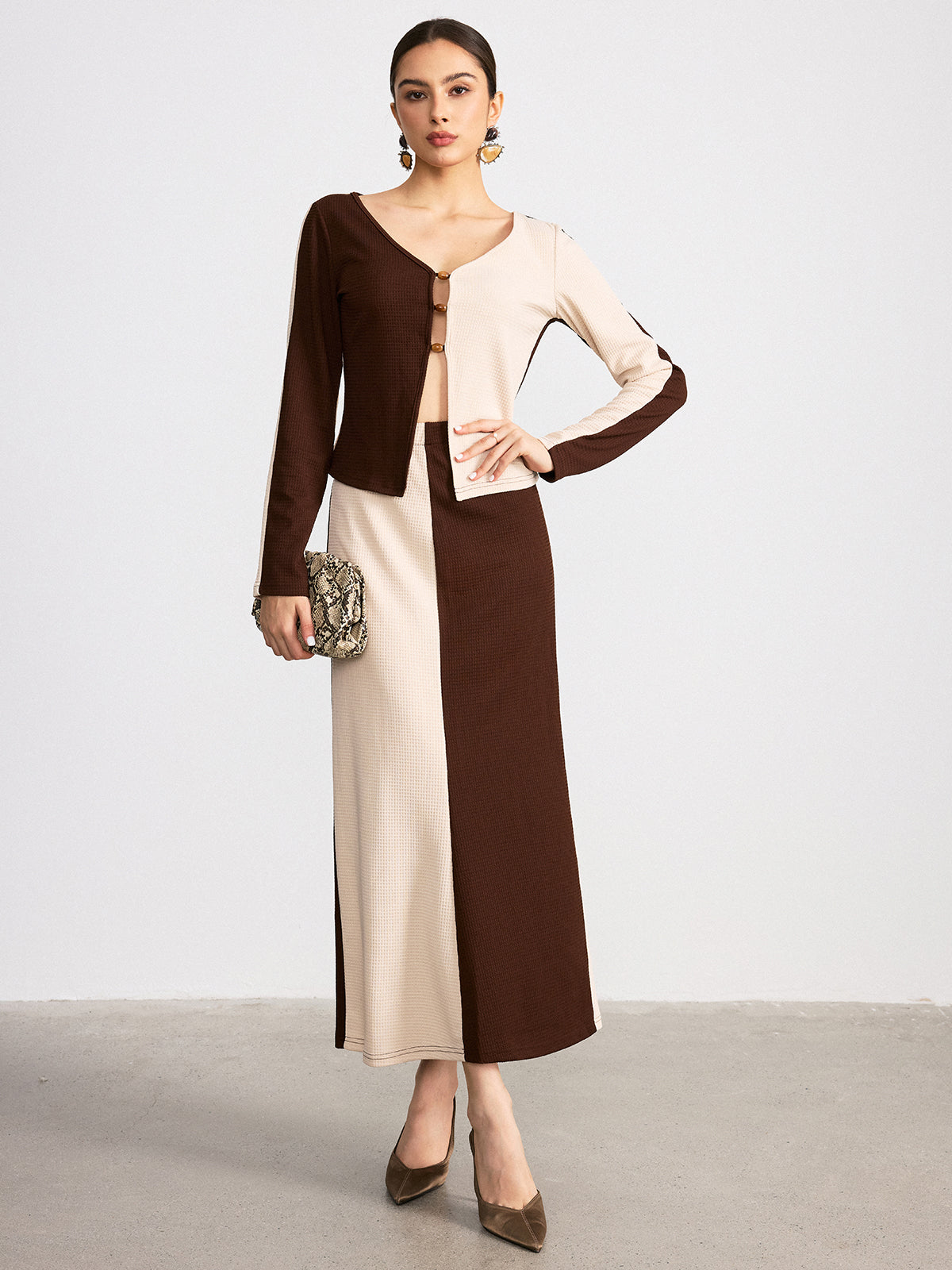 İki Renkli Waffle Örgü Üst ve Etek Takımı