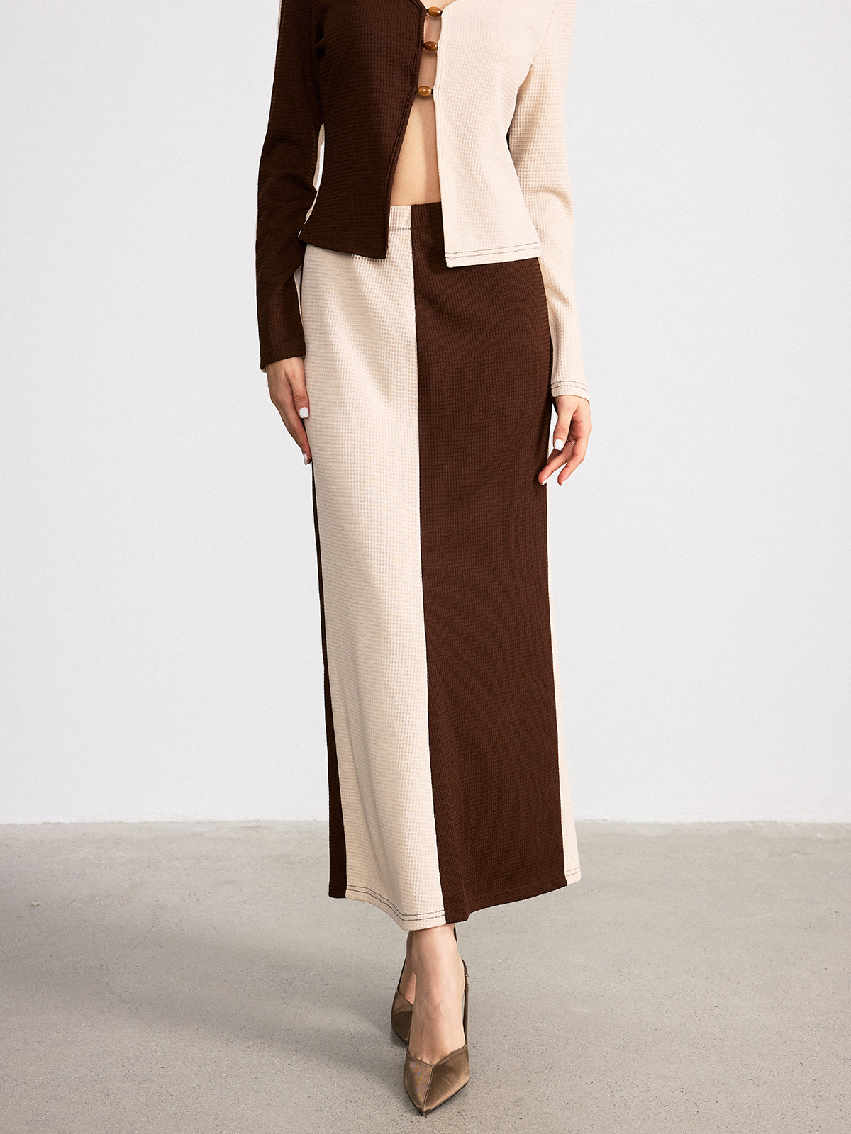 İki Renkli Waffle Örgü Üst ve Etek Takımı