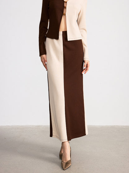 İki Renkli Waffle Örgü Üst ve Etek Takımı