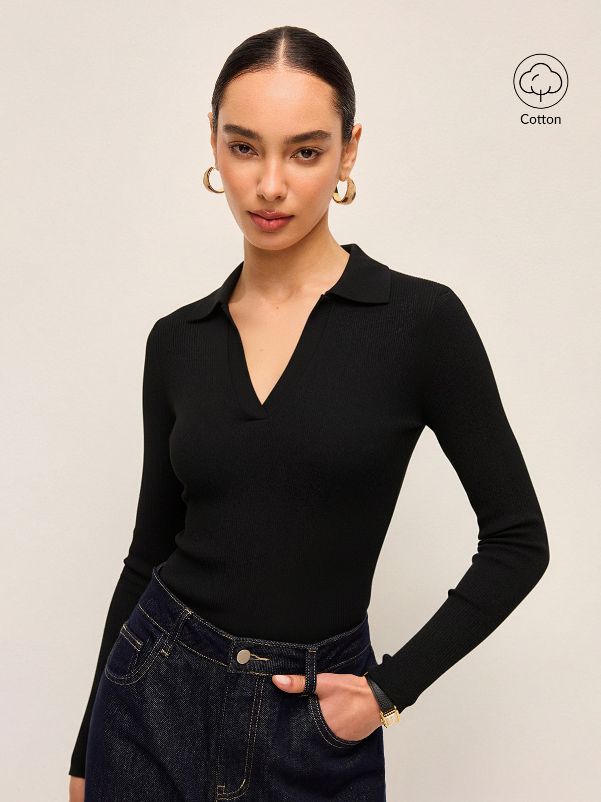 Polo V Yakalı Ribana Pamuk Karışımlı Tişört