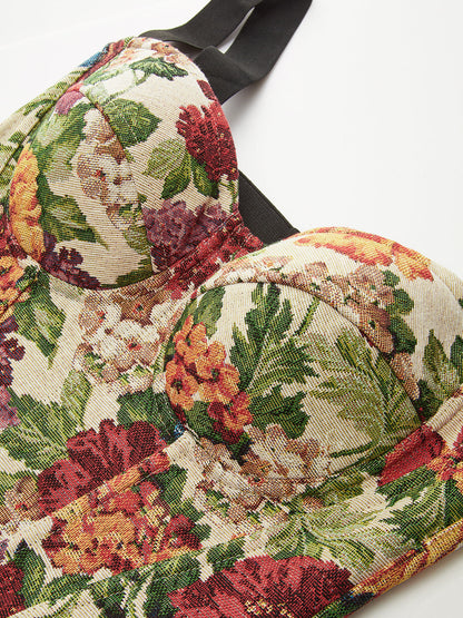 Arka Fermuarlı Kontrast Askılı Çiçek Baskılı Korse Üst