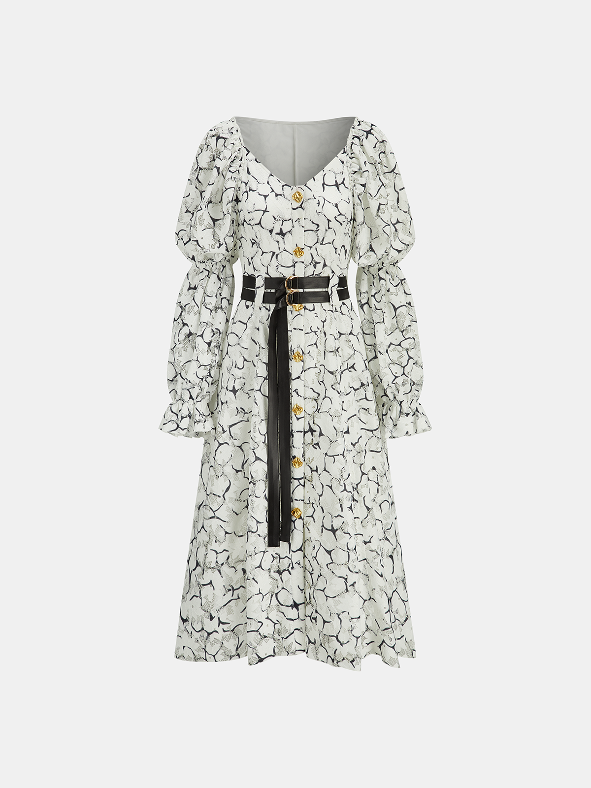 Çift Kemerli Balon Kollu Dantel Uzun Elbise