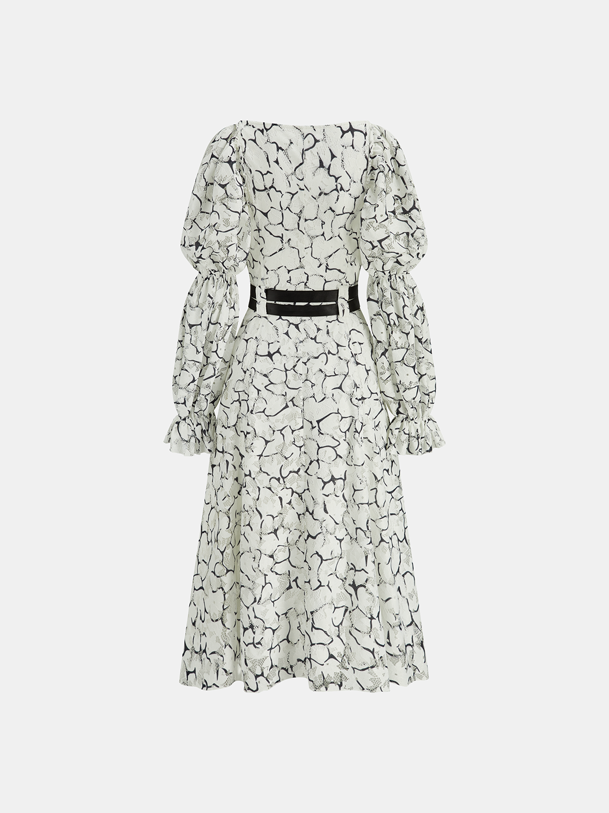 Çift Kemerli Balon Kollu Dantel Uzun Elbise