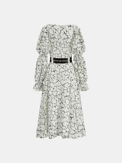 Çift Kemerli Balon Kollu Dantel Uzun Elbise