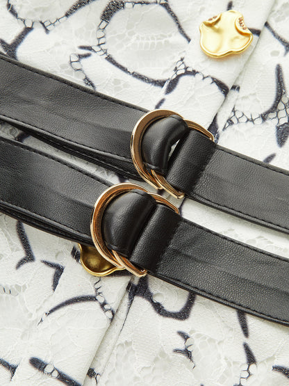 Çift Kemerli Balon Kollu Dantel Uzun Elbise