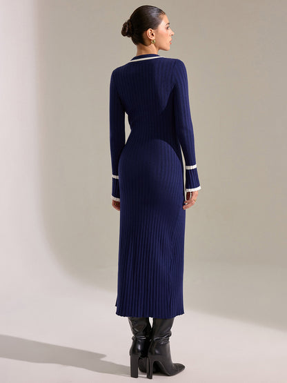 Kontrast Kesim Ön Düğmeli İnce Kesim Midi Elbise