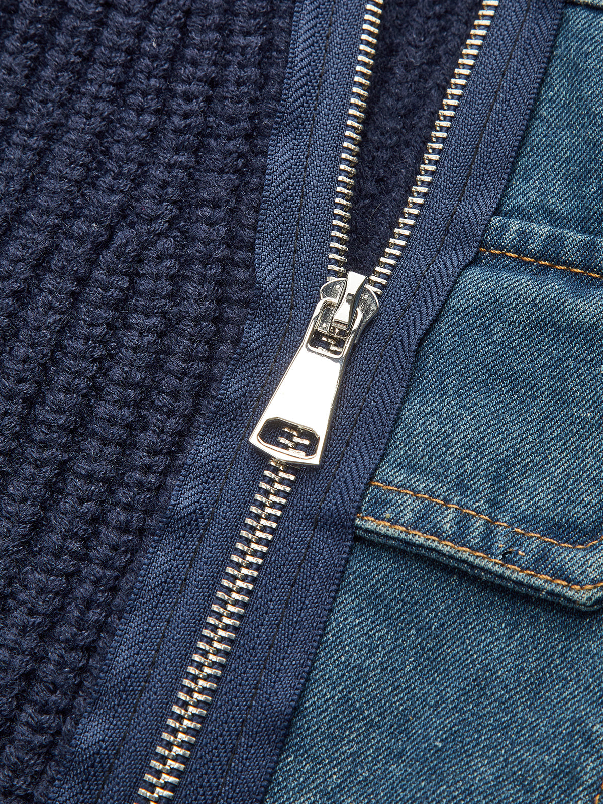 Asimetrik Fermuarlı Kot Panel Örgü Hırka