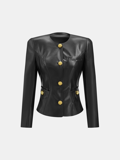 Suni Deri Yuvarlak Yaka Metal Düğmeli Dar Blazer