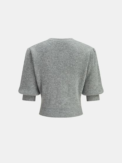 Yün Karışımlı Kısa Kollu Fiyonklu Örgü Üst