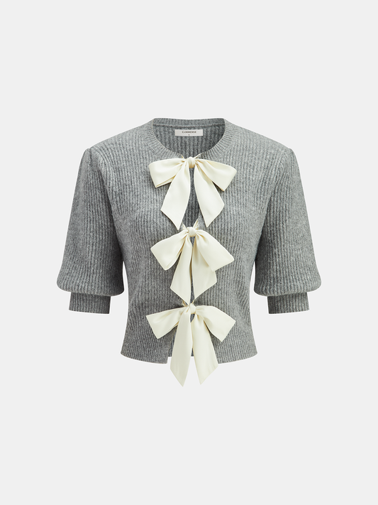 Yün Karışımlı Kısa Kollu Fiyonklu Örgü Üst