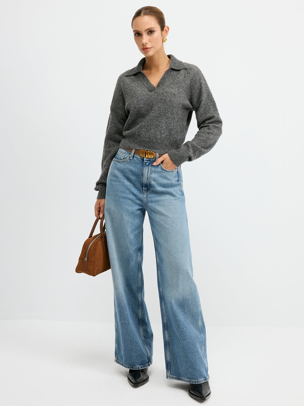 Yün Karışımlı Polo Yaka Günlük Kazak