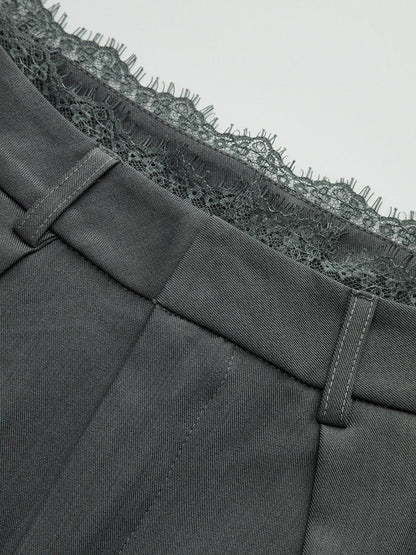 Yüksek Bel Dantel Kenarlı Geniş Paça Pantolon