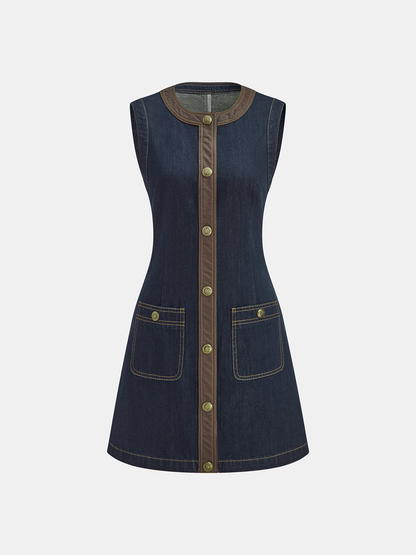 Kontrast Kesim Kot Kolsuz Mini Elbise