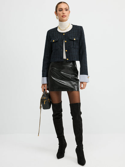 Tweed Manşetli Kollu Kısa Yün Karışımlı Ceket